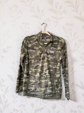 Eddie Bauer Kids L 14/16 Camo Fleece Pullover Quarter Zip Green Outdoor